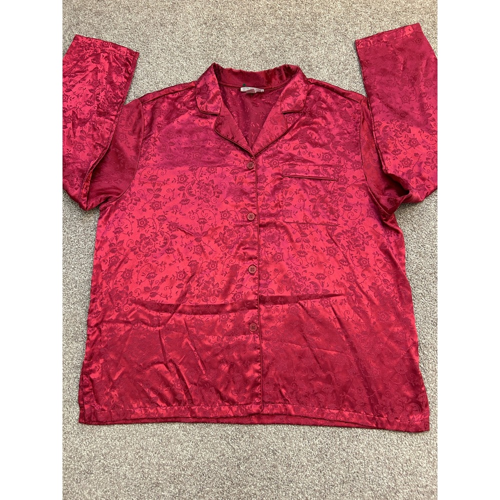 Victoria's Secret Pajama Top Womens XL Red Excellent Floral Satin Button Down